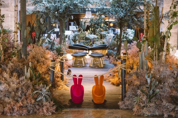 The Forest Zone at Mondrian Seoul Itaewon, a sculptural indoor landscape where foliage, form, and design create a dreamlike, urban‑botanical setting